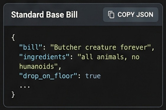 Two RimWorld butcher bill examples for a standard base and an emergency caravan setup