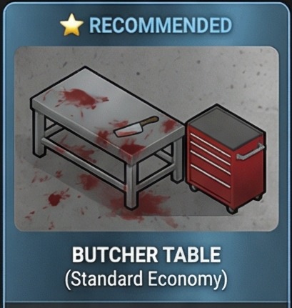 Butcher table recommendation card showing full yield and minus fifteen cleanliness