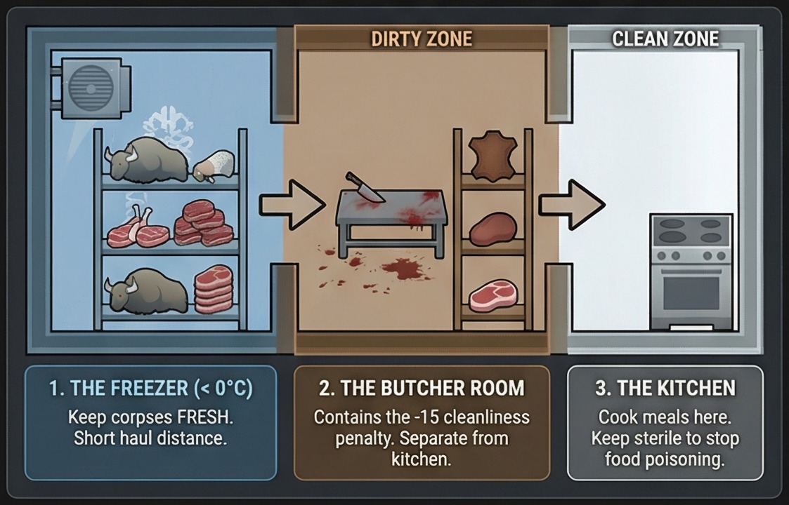 Freezer to butcher room to kitchen layout flow for clean RimWorld food processing