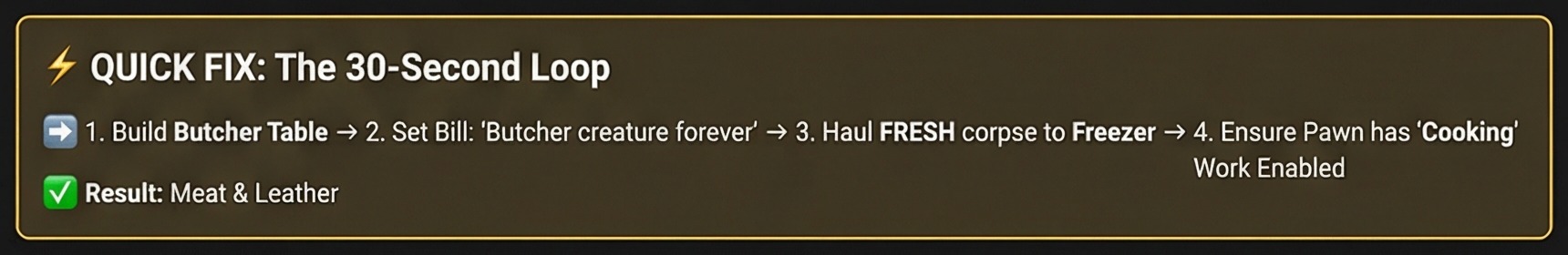 Quick fix panel for RimWorld dead animal butchering with butcher table, bill, and fresh corpse loop