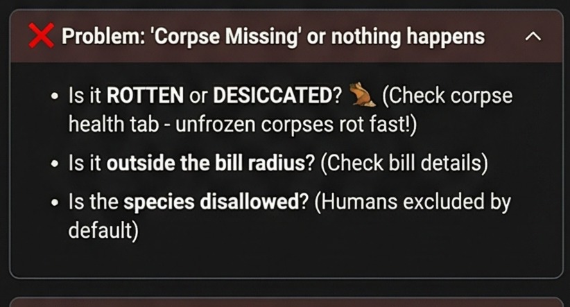Troubleshooting panel covering rotten or desiccated corpses, bill radius, and species filters