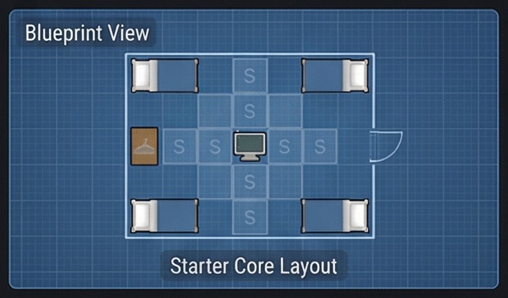 Starter RimWorld hospital blueprint for a compact 4-bed core