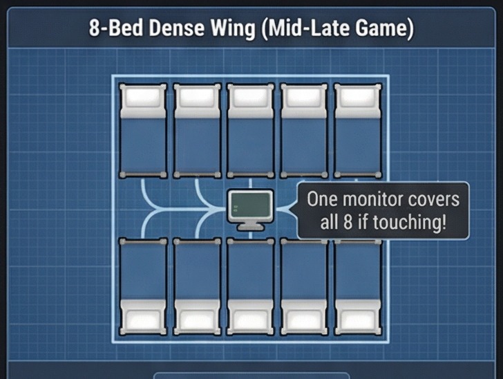8-bed dense hospital wing layout