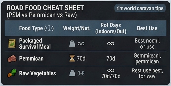 rimworld caravan tips road food cheat sheet card