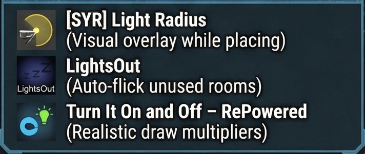 rimworld flood light recommended mods list card