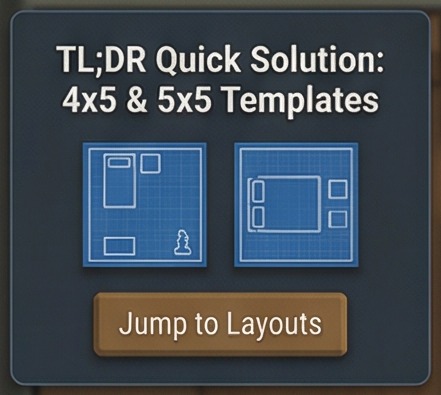 rimworld bedroom quick solution card with 4x5 and 5x5 templates