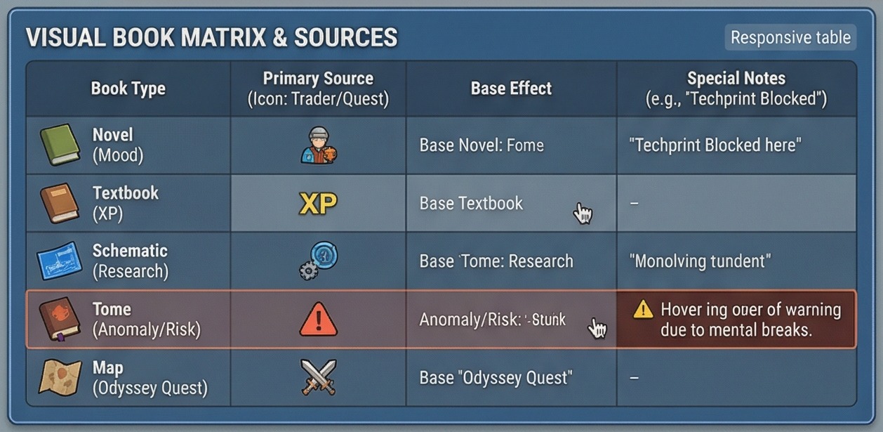 Visual matrix panel for rimworld how to get books book types and sources