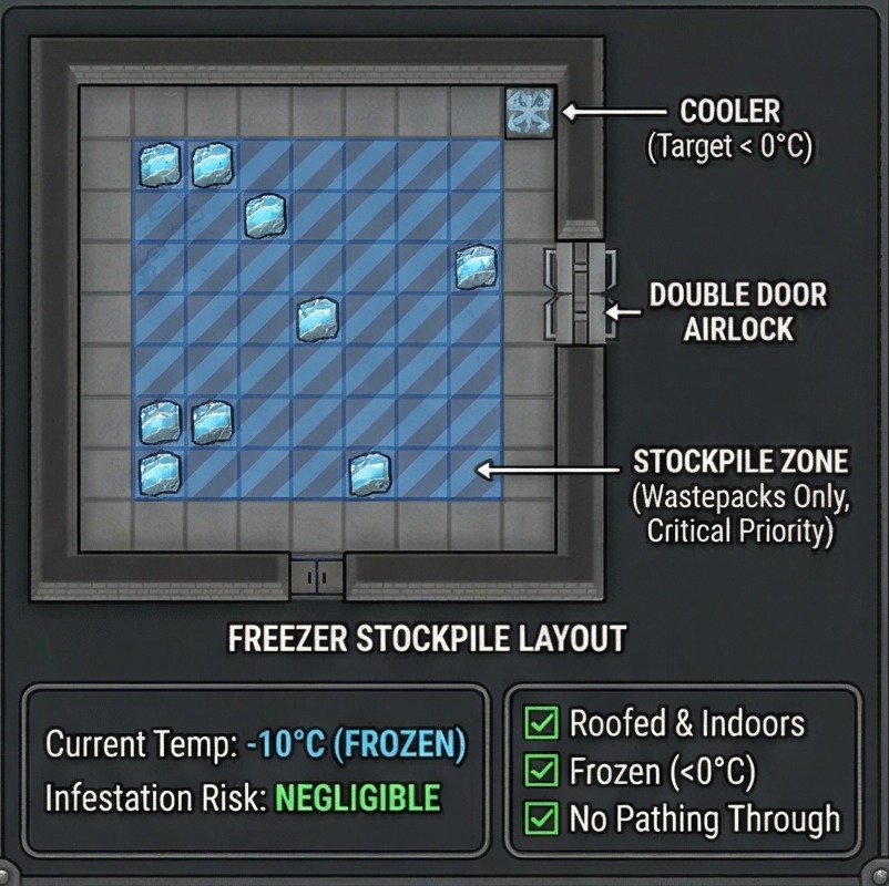 rimworld pollution cleanup frozen wastepack stockpile layout panel