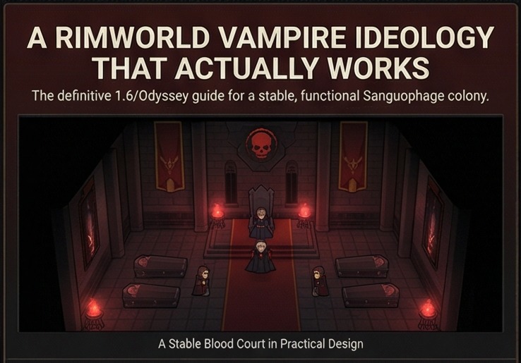 rimworld vampire ideology hero panel showing a practical sanguophage blood court layout