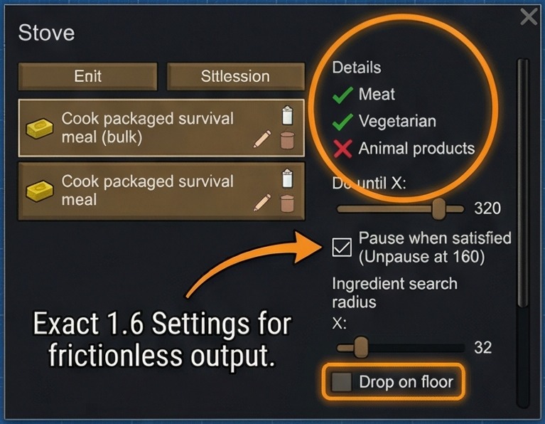how to make packaged survival meals rimworld bill setup