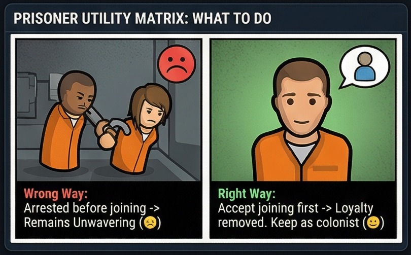 RimWorld unwavering loyalty prisoner utility illustration showing why accepting first matters for special joiners