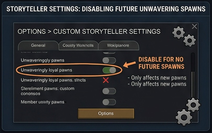 RimWorld unwavering loyalty storyteller settings path showing how to disable future unwavering prisoner spawns