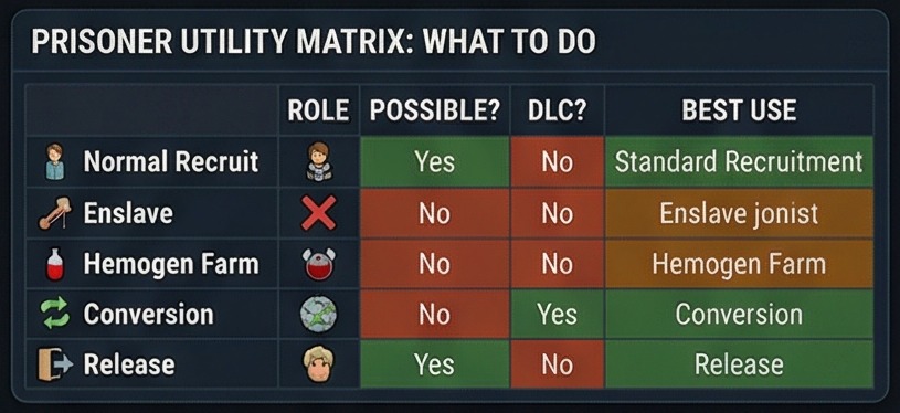 RimWorld unwavering loyalty utility matrix showing which prisoner roles still work
