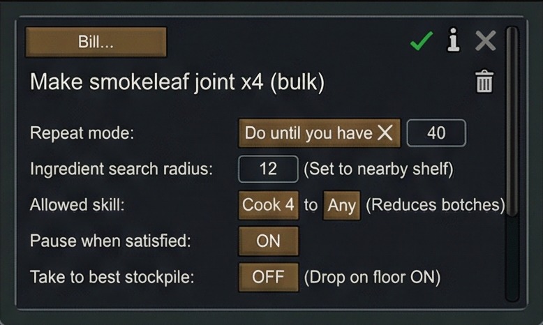 how to make smokeleaf joints rimworld smart bill preview
