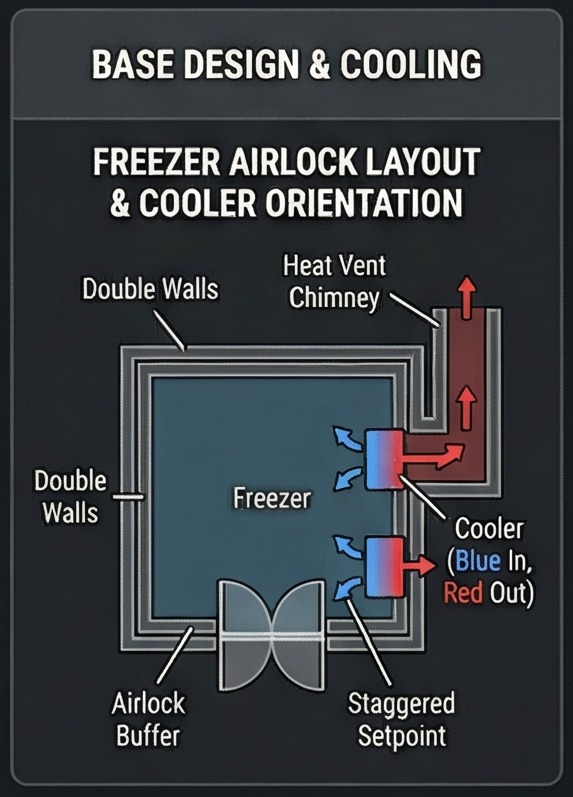 Freezer airlock and cooler orientation diagram for RimWorld solar flare protection