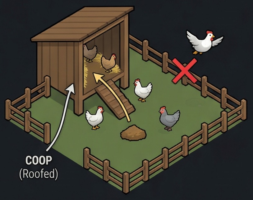 how to train animals rimworld coop art showing a roofed bird enclosure