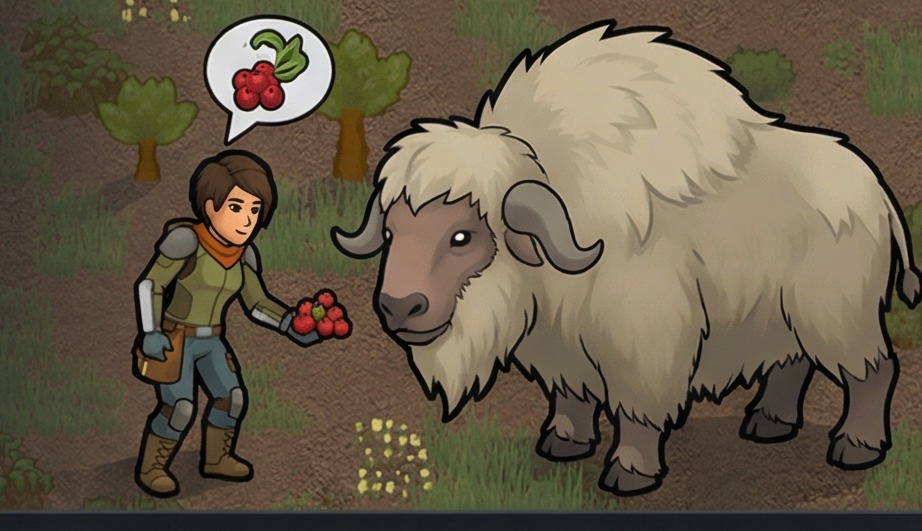 how to train animals rimworld hero art showing a handler feeding a muffalo