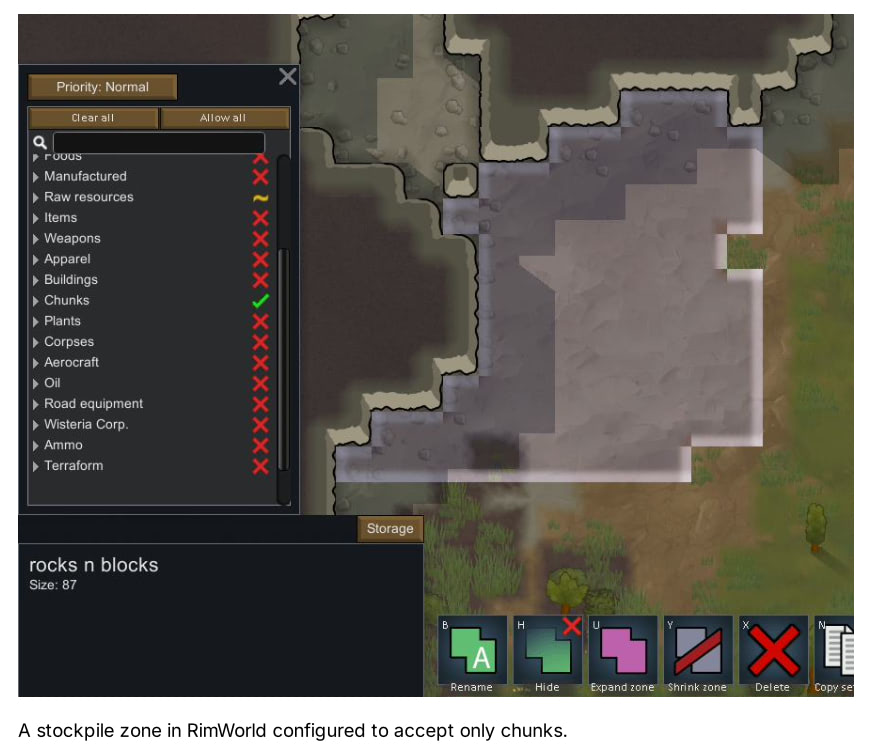 RimWorld work priority and zone management interface showing optimal builder settings