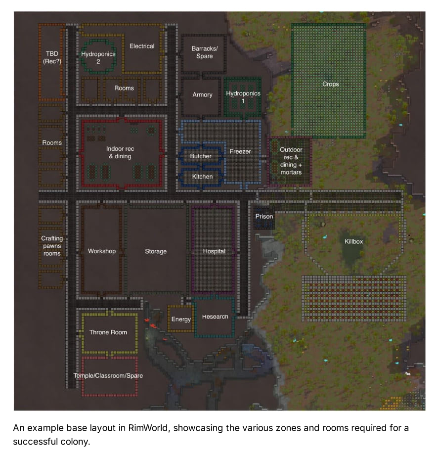 RimWorld large-scale construction project showing advanced building techniques and mod integration