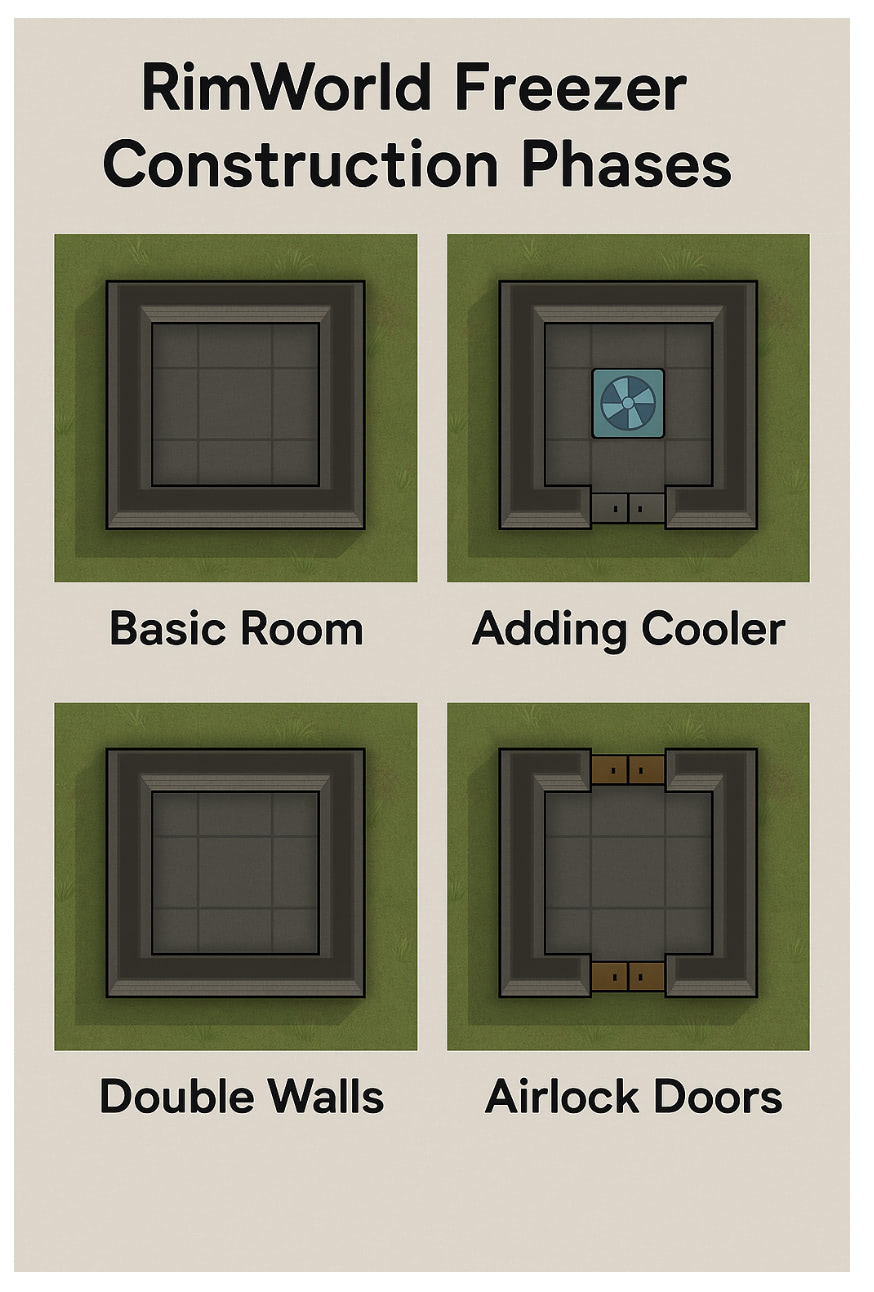 RimWorld advanced freezer layout with optimized traffic flow and multiple airlocks
