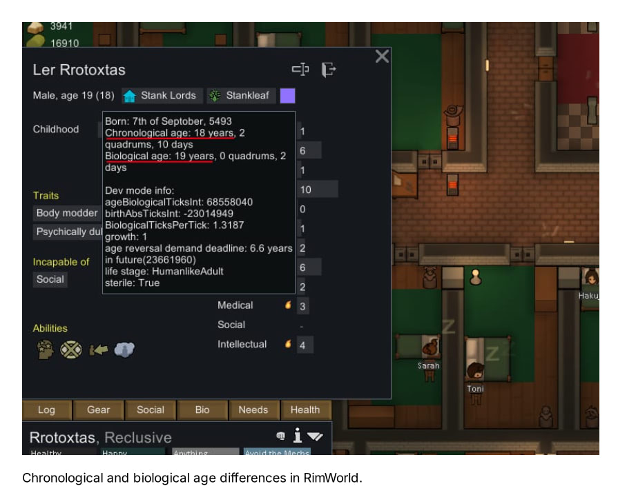 RimWorld pawn age display showing biological and chronological ages