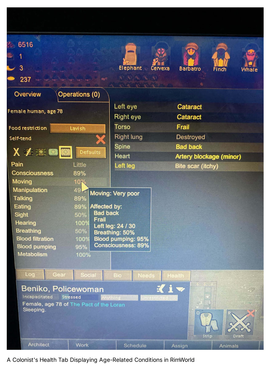 RimWorld gene modification interface showing aging-related genes