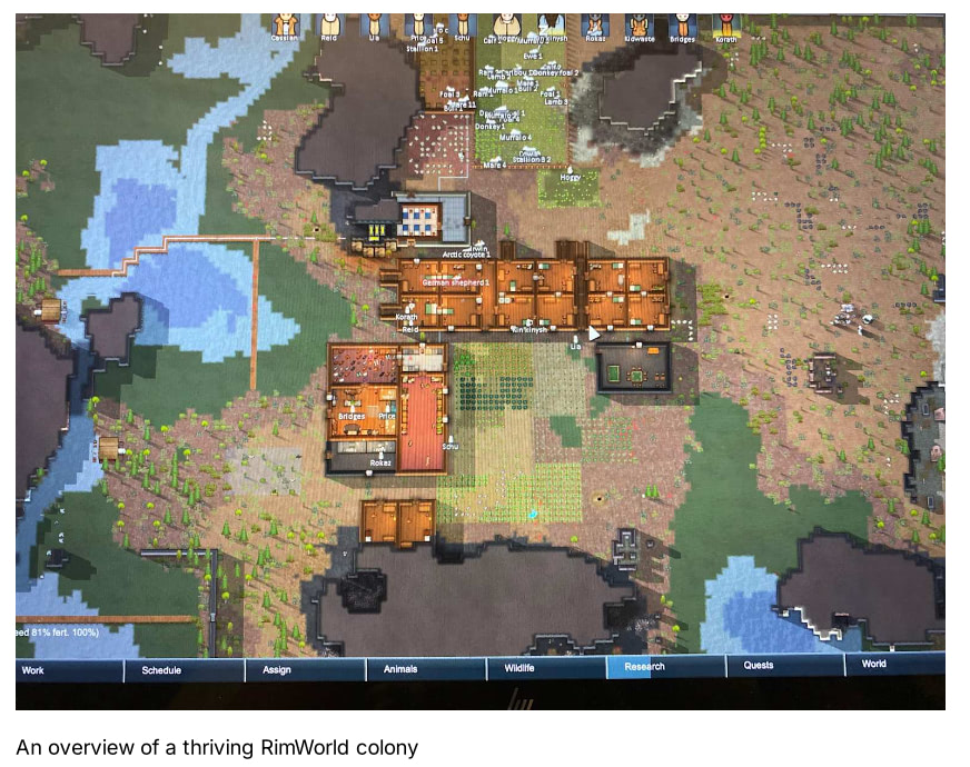 RimWorld orbital trade beacon range shown as a blue radius around the beacon. Items within the blue circle can be traded with orbiting ships.