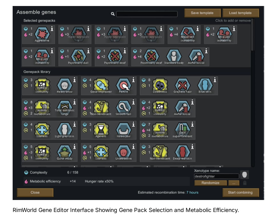 RimWorld xenotype selection screen showing different metabolic efficiency values