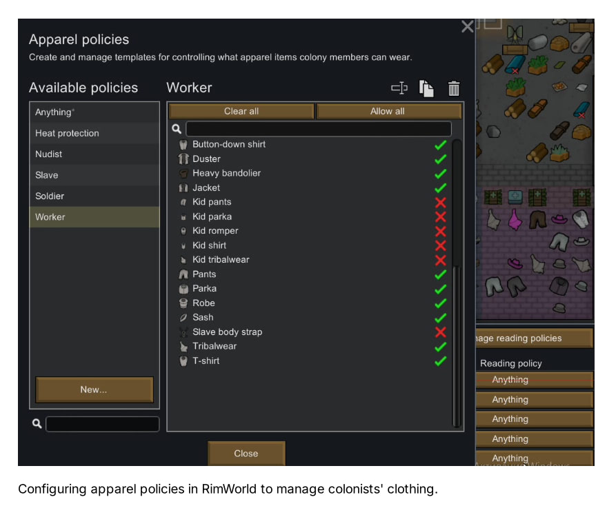Configuring apparel policies in RimWorld to manage colonists' clothing