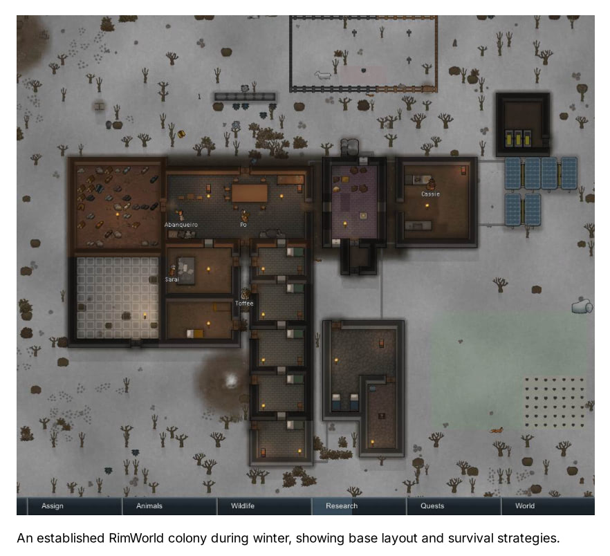 An established RimWorld colony during winter, showing base layout and survival strategies