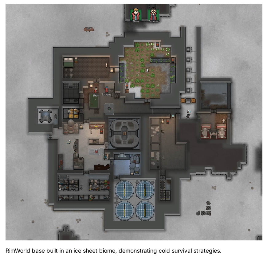 RimWorld base built in an ice sheet biome, demonstrating cold survival strategies