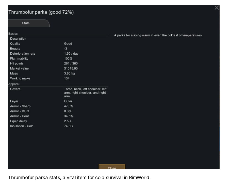 Thrumbofur parka stats, a vital item for cold survival in RimWorld