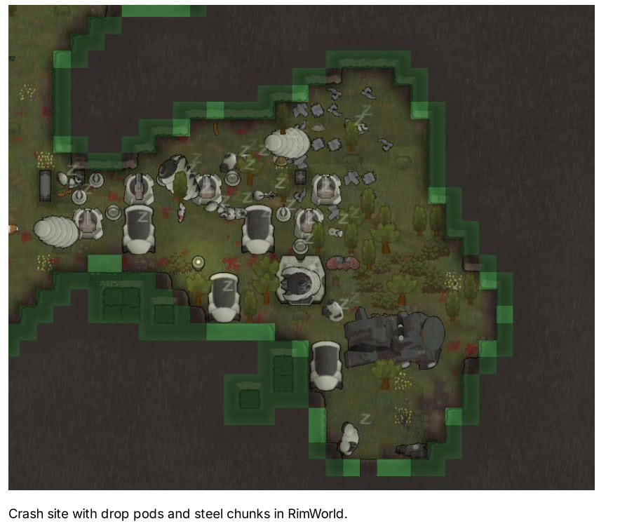 Crash site with drop pods and steel chunks in RimWorld