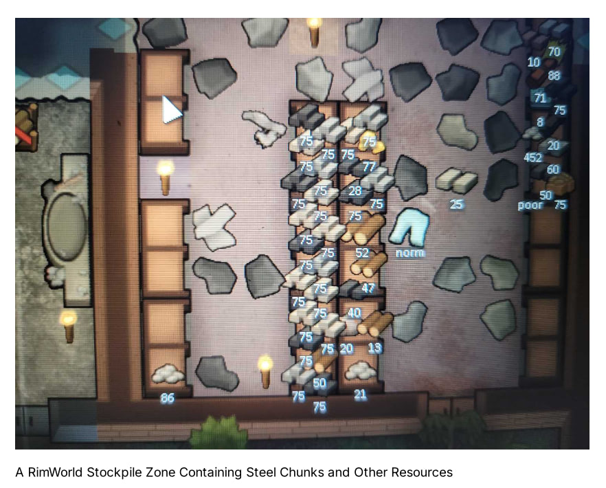 A RimWorld Stockpile Zone Containing Steel Chunks and Other Resources