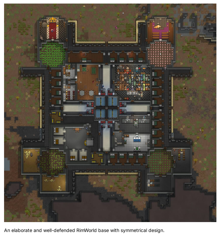 An elaborate and well-defended RimWorld base with symmetrical design