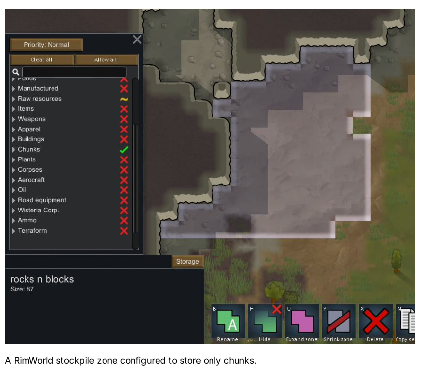 A RimWorld stockpile zone configured to store only chunks