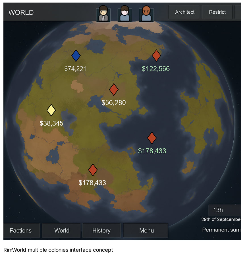 RimWorld multiple colonies interface concept