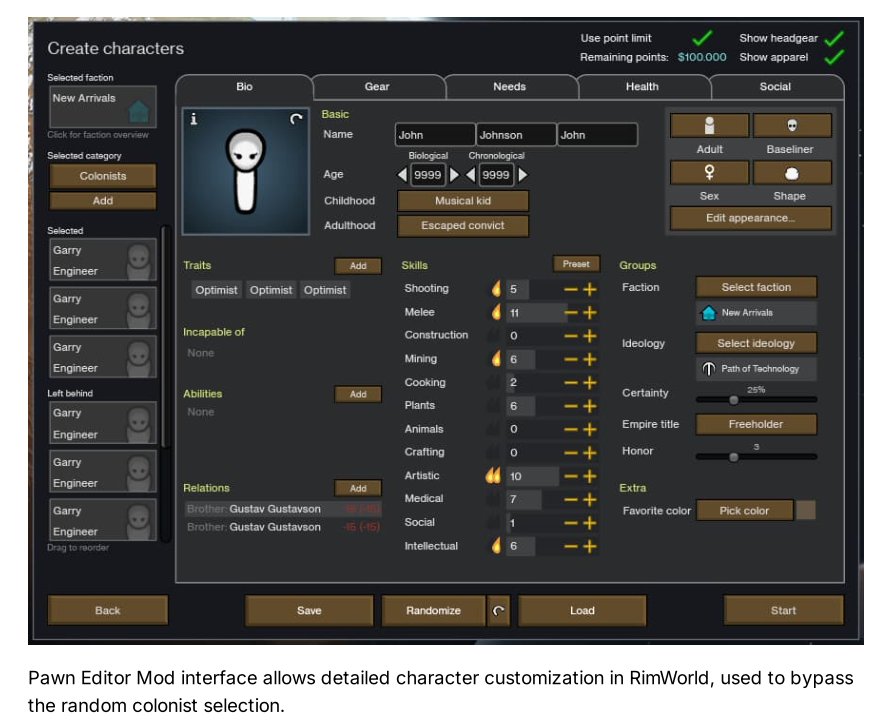 Pawn Editor Mod interface allows detailed character customization in RimWorld, used to bypass the random colonist selection