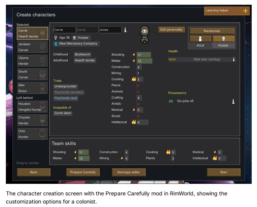 The character creation screen with the Prepare Carefully mod in RimWorld, showing the customization options for a colonist
