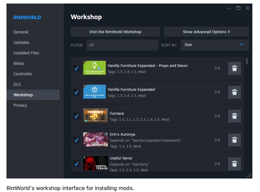 RimWorld's workshop interface for installing mods