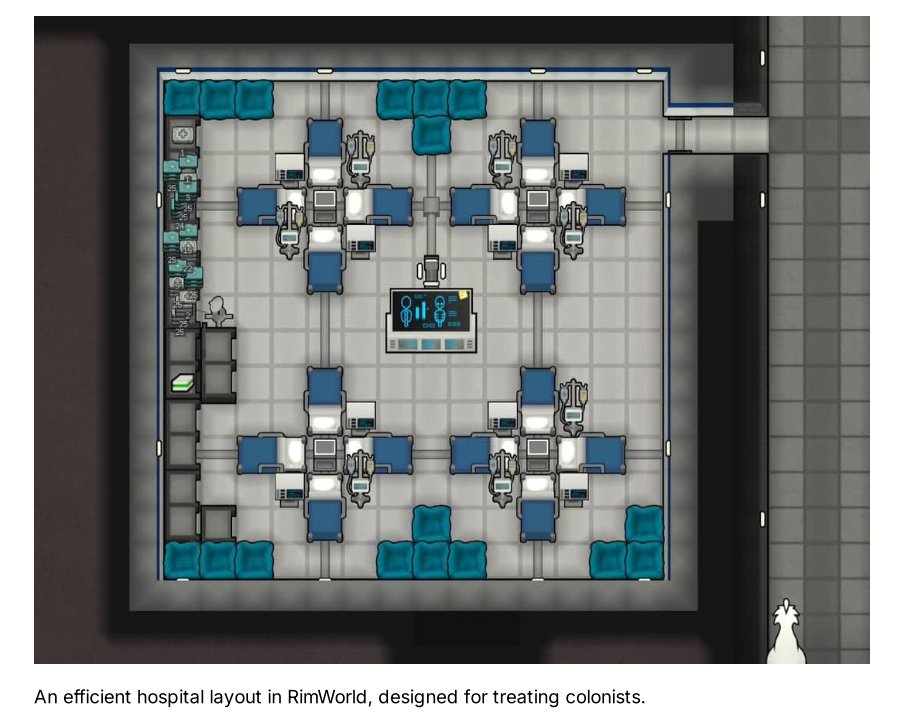 An efficient hospital layout in RimWorld, designed for treating colonists