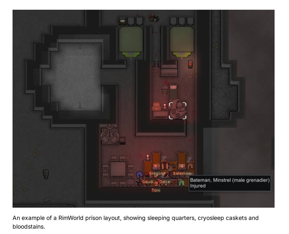 An example of a RimWorld prison layout, showing sleeping quarters, cryosleep caskets and bloodstains
