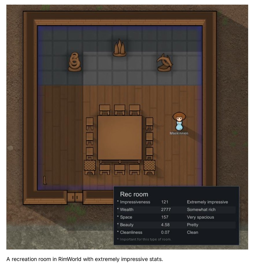 A recreation room in RimWorld with extremely impressive stats