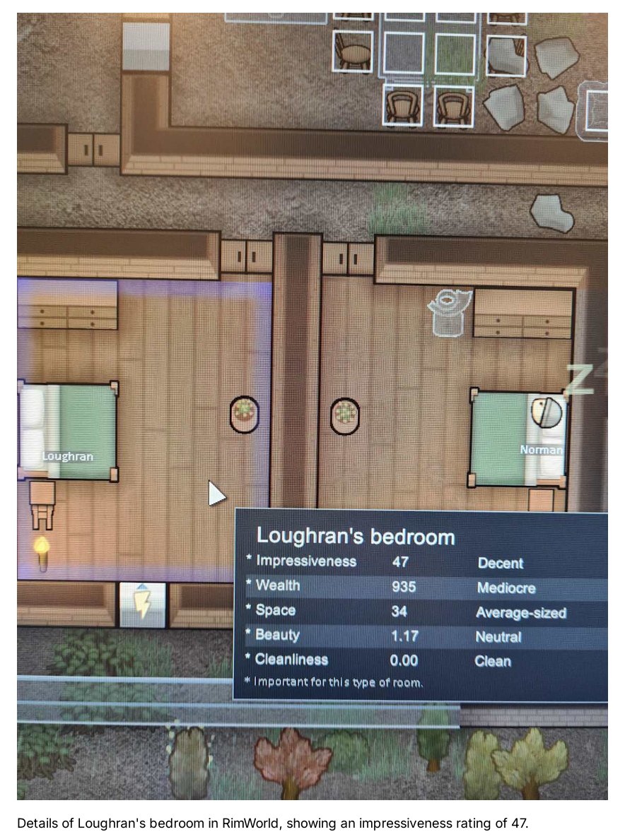 Details of Loughran's bedroom in RimWorld, showing an impressiveness rating of 47