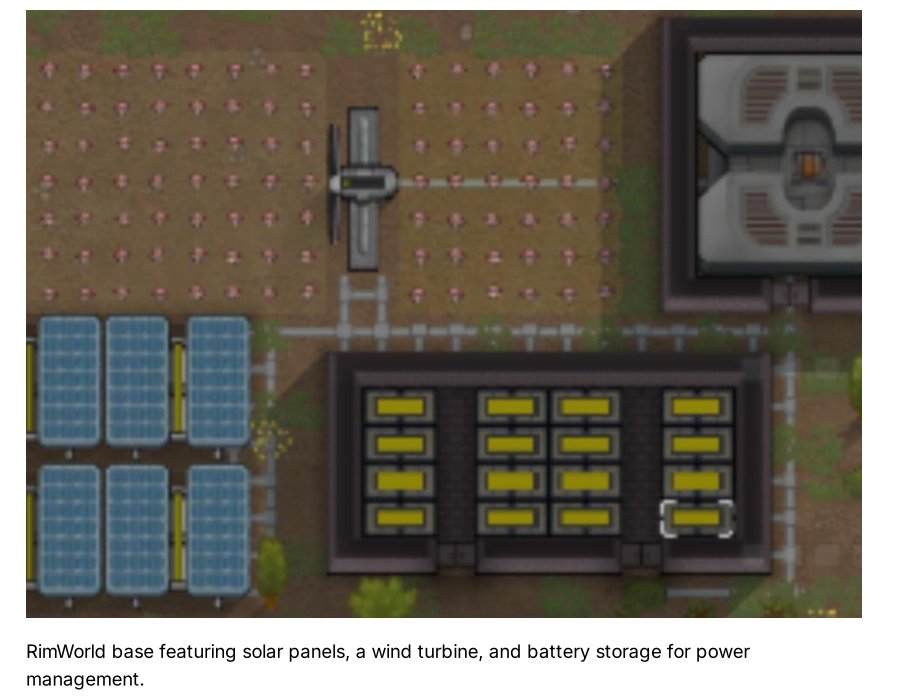 RimWorld base featuring solar panels, a wind turbine, and battery storage for power management