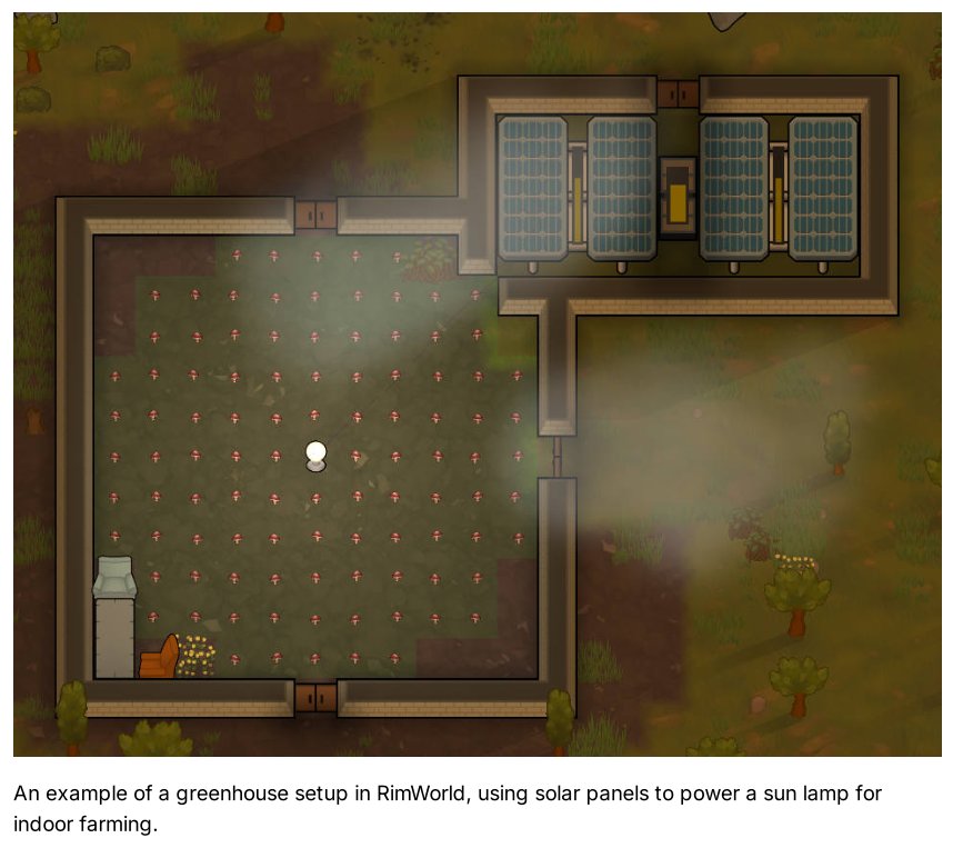 An example of a greenhouse setup in RimWorld, using solar panels to power a sun lamp for indoor farming