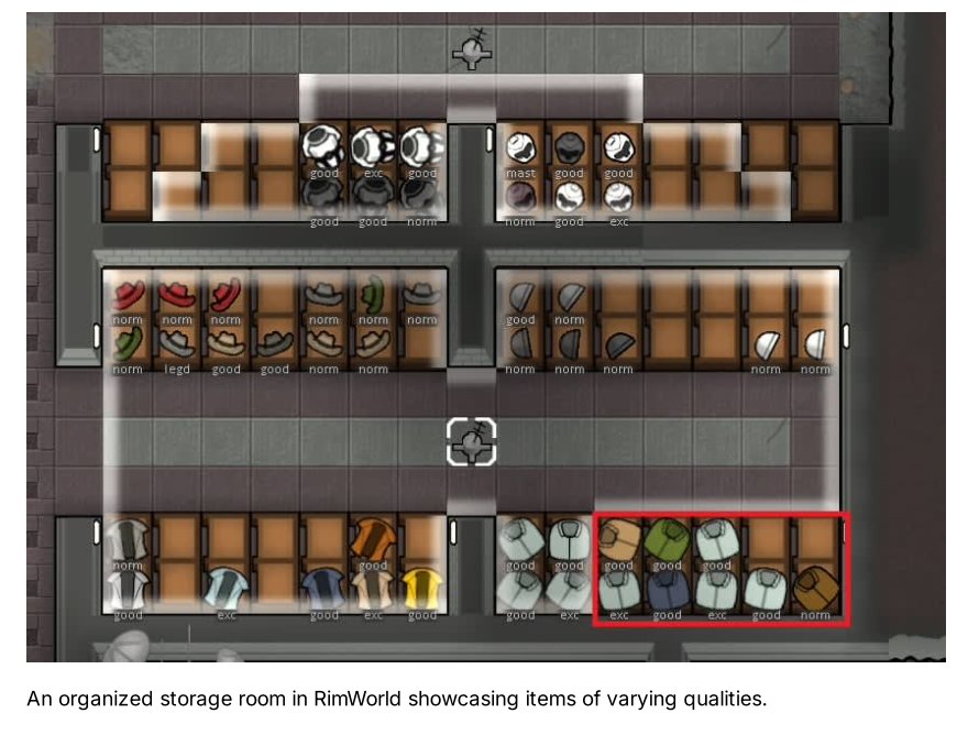 An organized storage room in RimWorld showcasing items of varying qualities