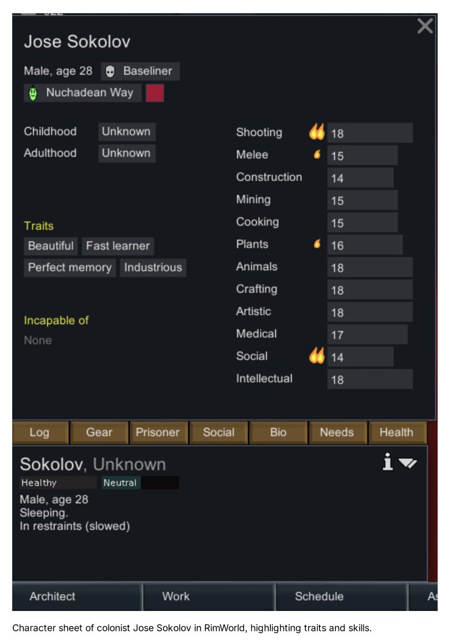 Character sheet of colonist Jose Sokolov in RimWorld, highlighting traits and skills