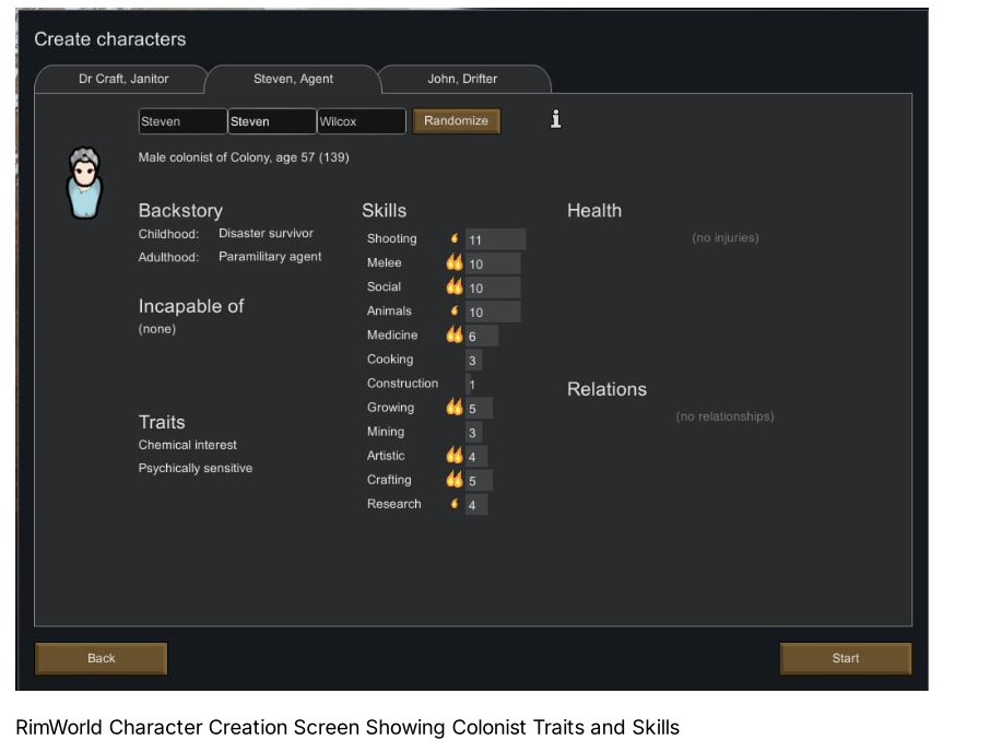 RimWorld Character Creation Screen Showing Colonist Traits and Skills
