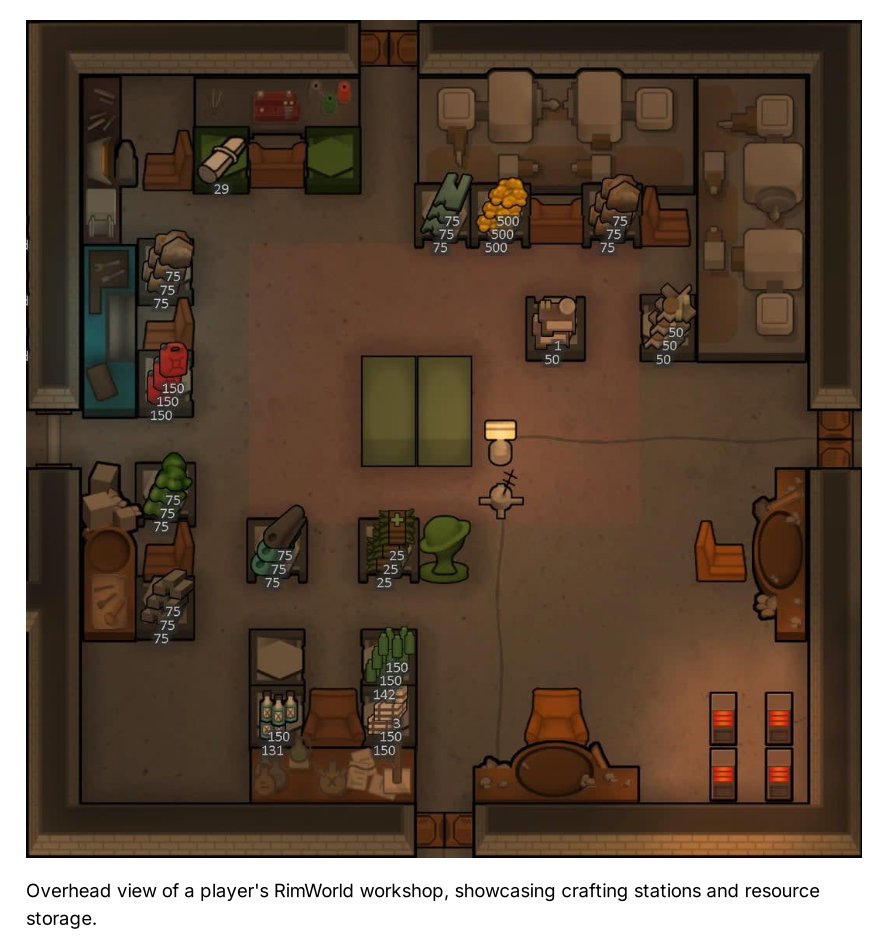 Overhead view of a player's RimWorld workshop, showcasing crafting stations and resource storage